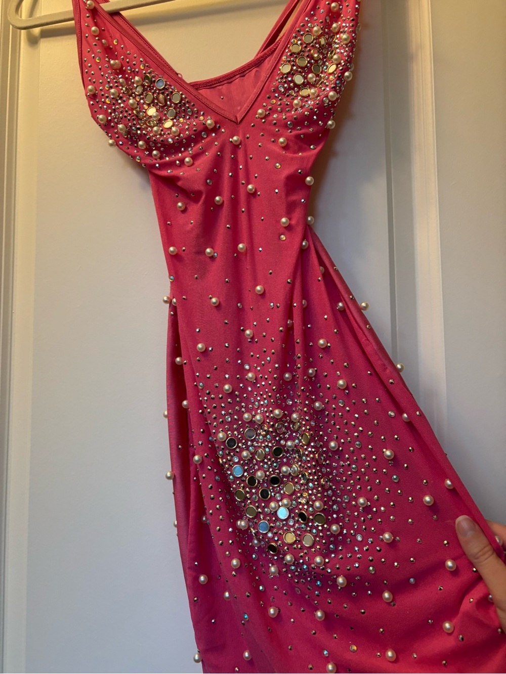 Pink Embellished V-Neck Evening Dress